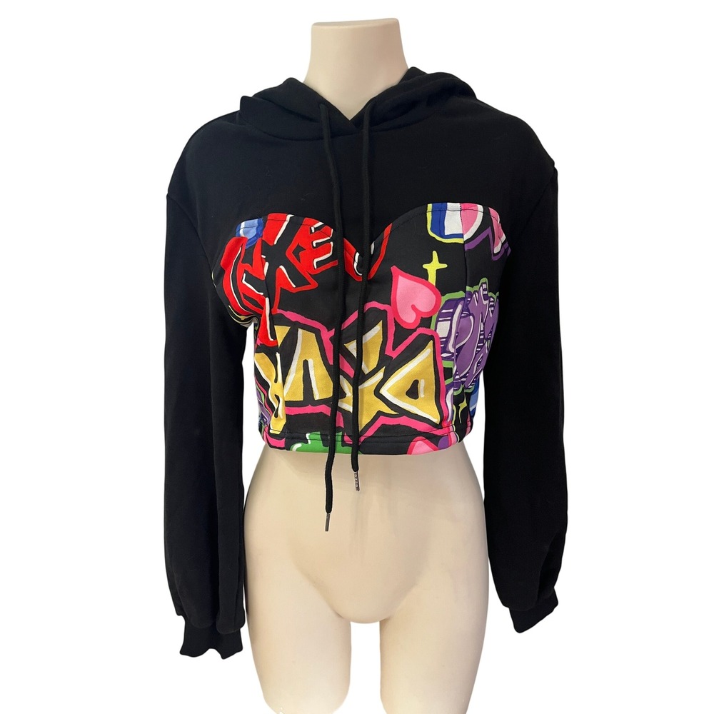 Graffiti Print Corset Lace Up Back Cropped Hoodie Black Size L